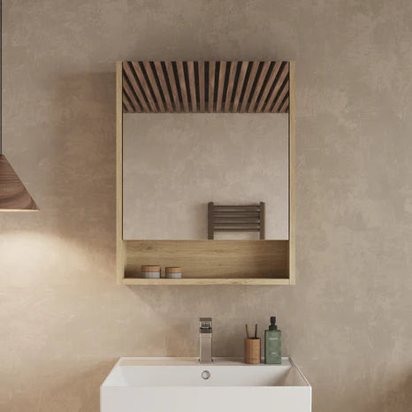Natural oak Banyetti Mino single-door mirror cabinet mounted above a basin in a modern bathroom