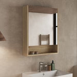 The mirror cabinet in natural oak shown with its door open, revealing interior shelves and storage