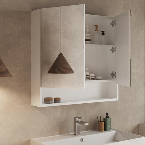 Angled side view of gloss white double-door mirror cabinet showing depth and shelf detail