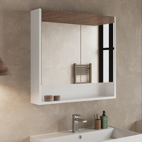 Mirror cabinet with both doors open, showing interior shelving and open shelf beneath