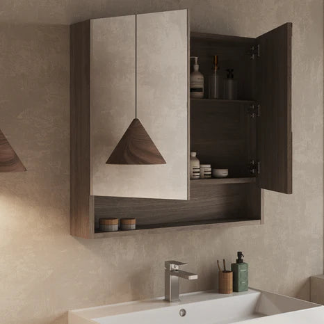 Mirror cabinet with one door open in Nebraska Oak, showing internal shelf storage