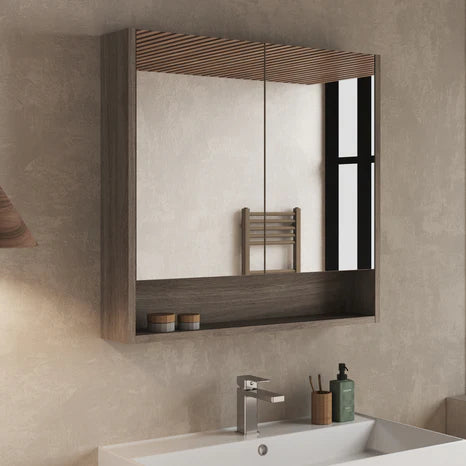 Angled view of double-door mirror cabinet in Nebraska Oak, highlighting thickness and edge detail