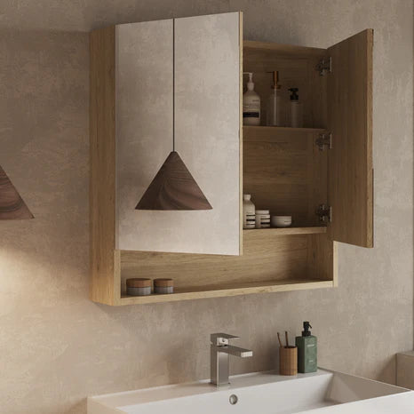 Double-door mirror cabinet in oak finish over vanity, showing both mirrored doors and open shelf below