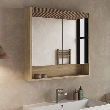 Front view of double-door mirror cabinet in natural oak showing wood grain frame and mirrored panels