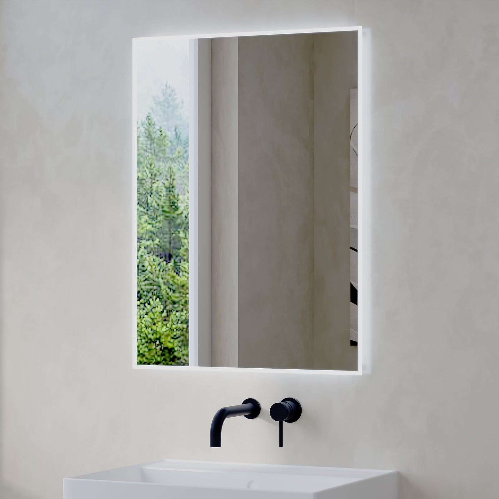 Senza 600 x 800 LED Illuminated Mirror – Angled View – Modern LED Bathroom Mirrors Online