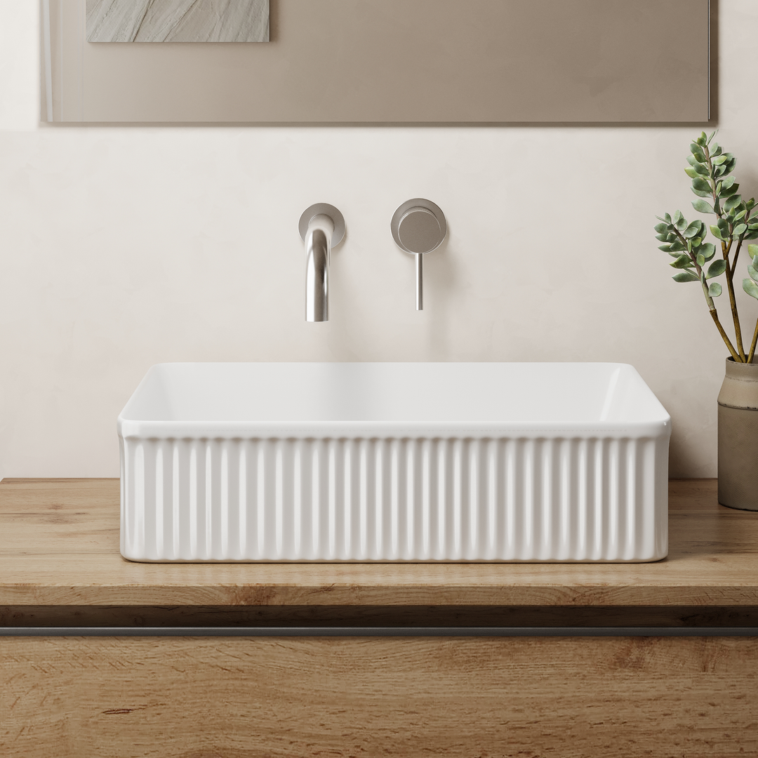 Quadra 500mm Rectangular Fluted Countertop Basin - Gloss White