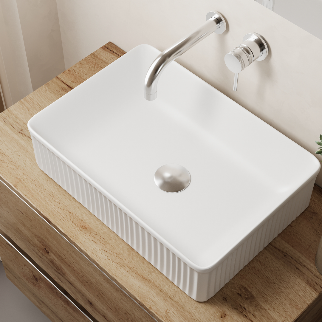 Quadra 500mm Rectangular Fluted Countertop Basin - Gloss White
