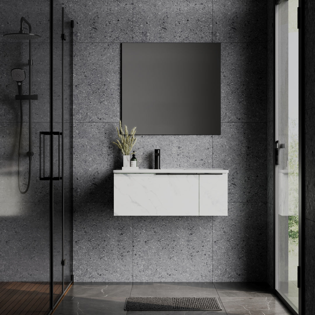 Siena 800mm Wall Hung Vanity Unit with Matt Black Handles - Carrara Marble
