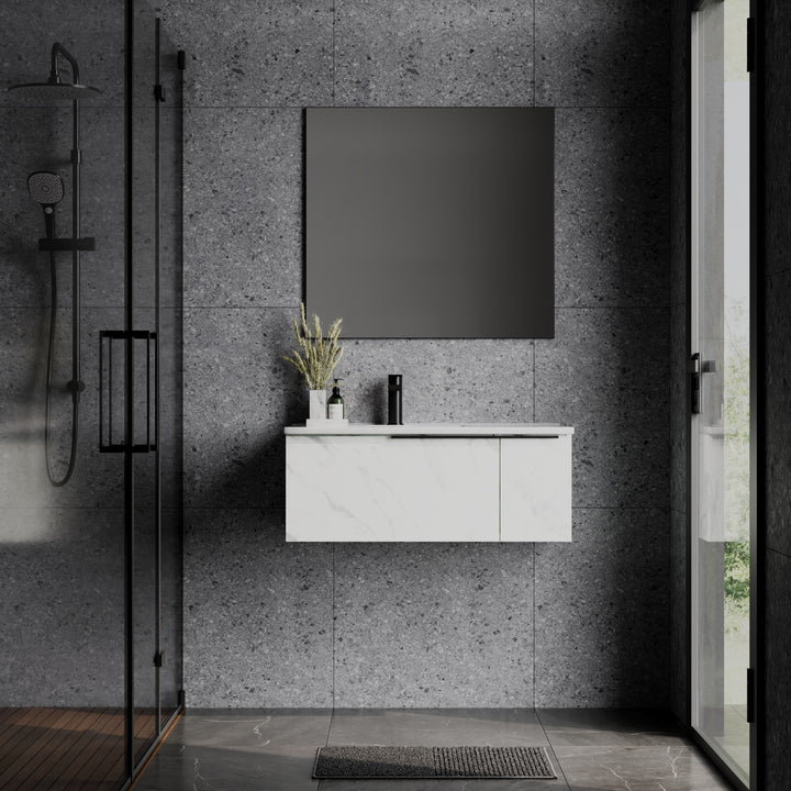 Siena 800mm Wall Hung Vanity Unit with Matt Black Handles - Carrara Marble