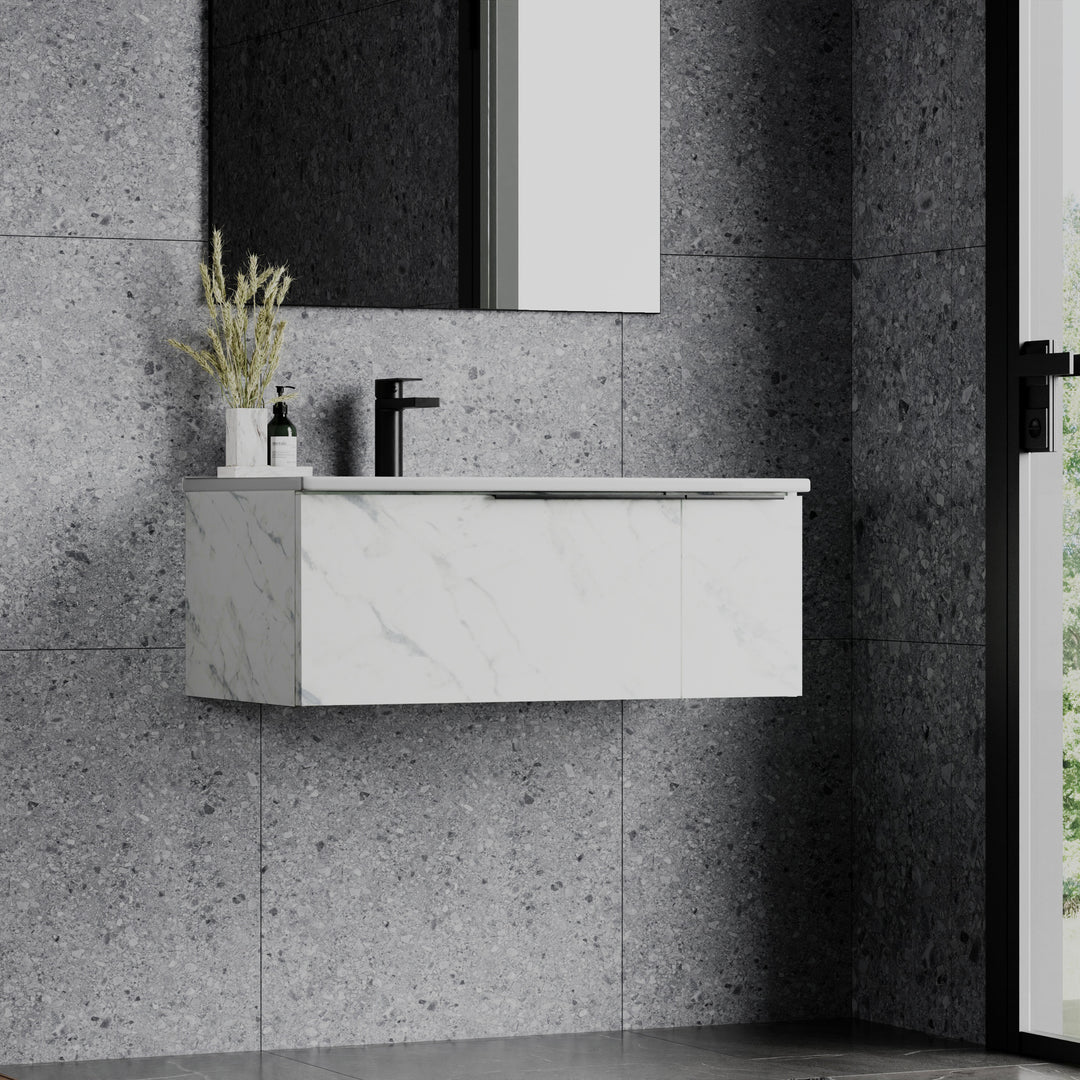 Siena 800mm Wall Hung Vanity Unit with Matt Black Handles - Carrara Marble