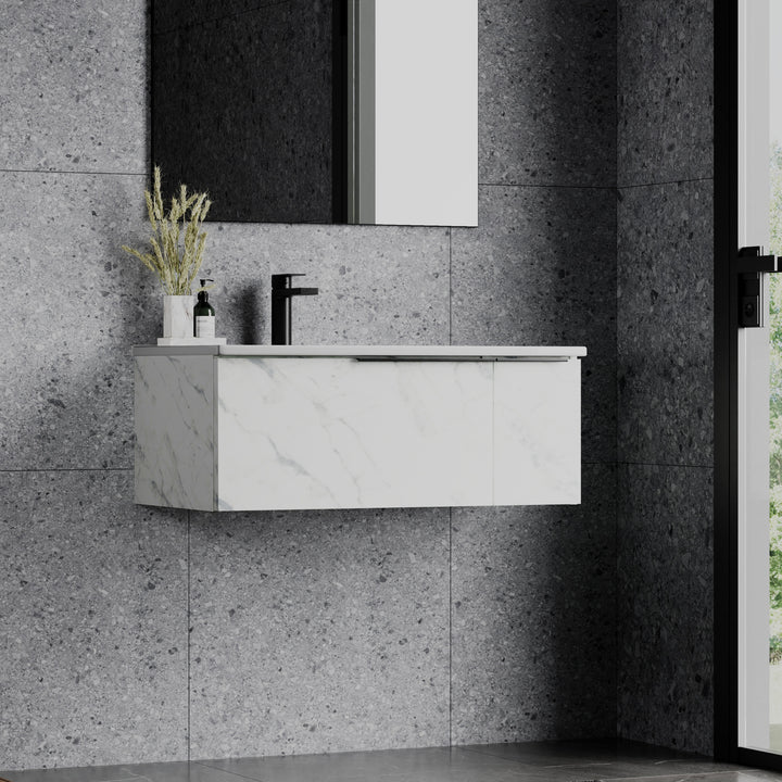 Siena 800mm Wall Hung Vanity Unit with Matt Black Handles - Carrara Marble