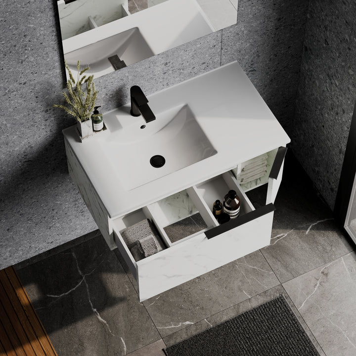 Siena 800mm Wall Hung Vanity Unit with Matt Black Handles - Carrara Marble