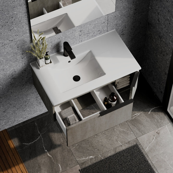 Siena 800mm Wall Hung Vanity Unit with Matt Black Handles - Stone Grey