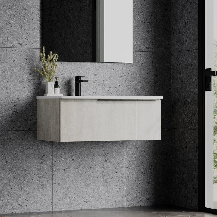 Siena 800mm Wall Hung Vanity Unit with Matt White Handles - Light Stone