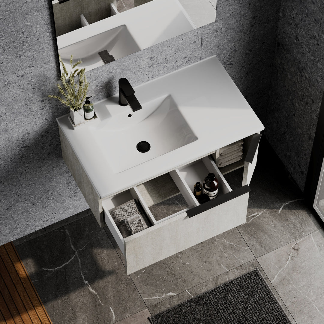 Siena 800mm Wall Hung Vanity Unit with Matt White Handles - Light Stone
