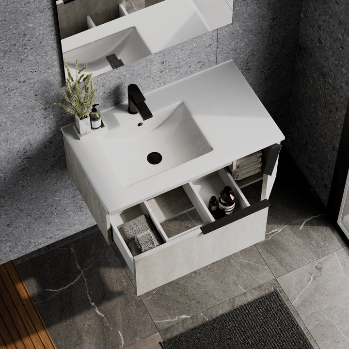 Siena 800mm Wall Hung Vanity Unit with Matt White Handles - Light Stone