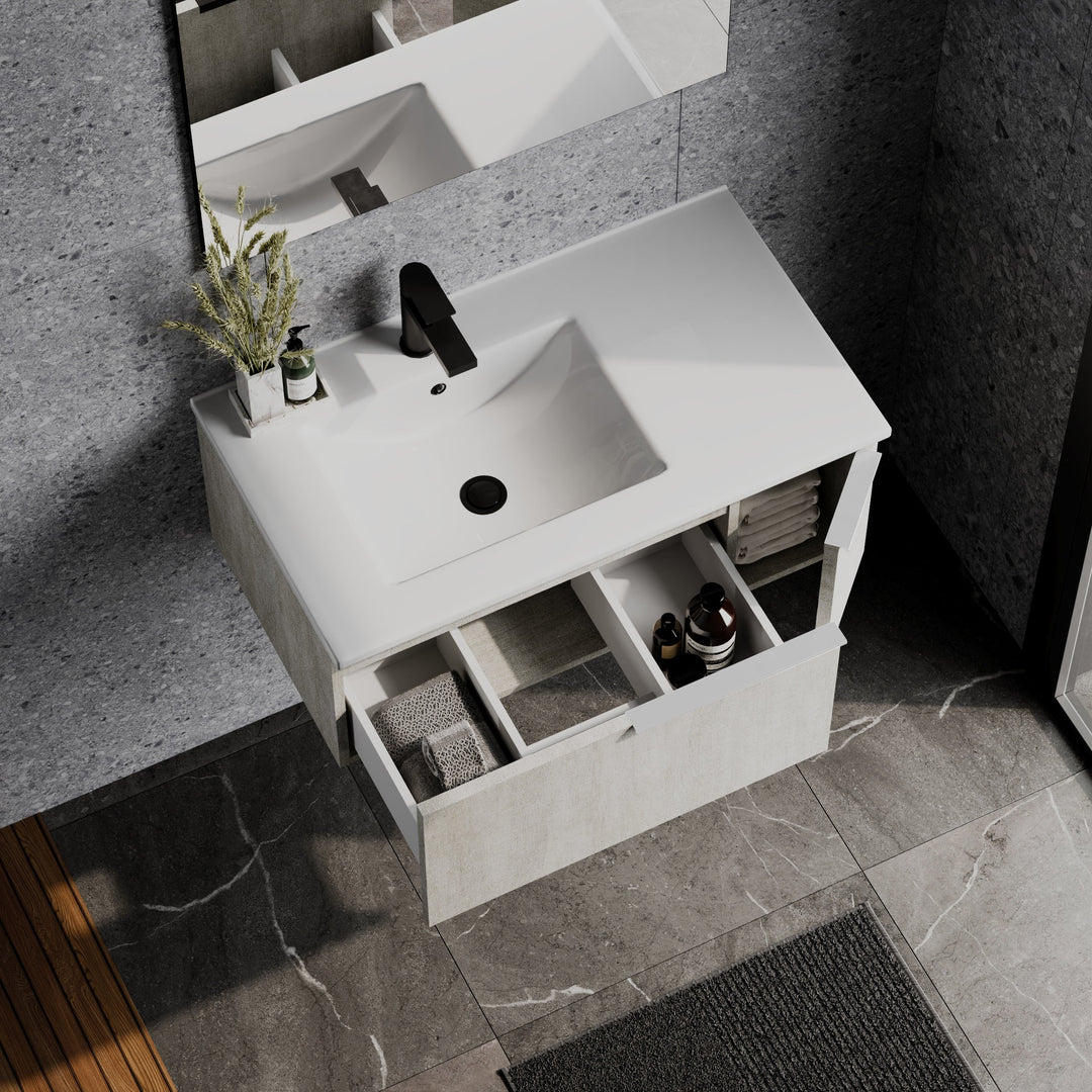 Siena 800mm Wall Hung Vanity Unit with Matt White Handles - Light Stone