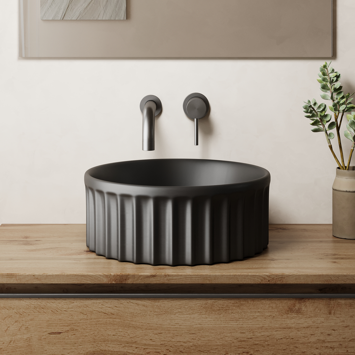 Vasca 380mm Round Fluted Countertop Basin - Matt Black