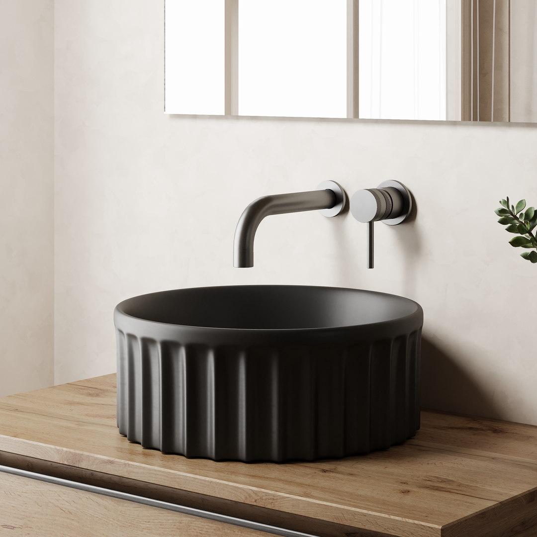 Vasca 380mm Round Fluted Countertop Basin - Matt Black