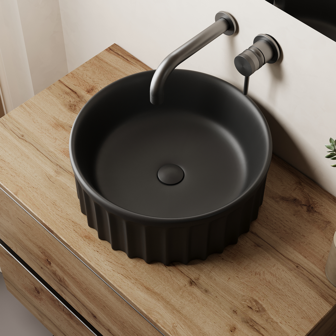 Vasca 380mm Round Fluted Countertop Basin - Matt Black