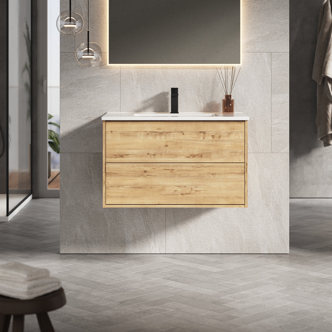 Venti 800mm Wall Hung Vanity Unit - Ostippo Oak