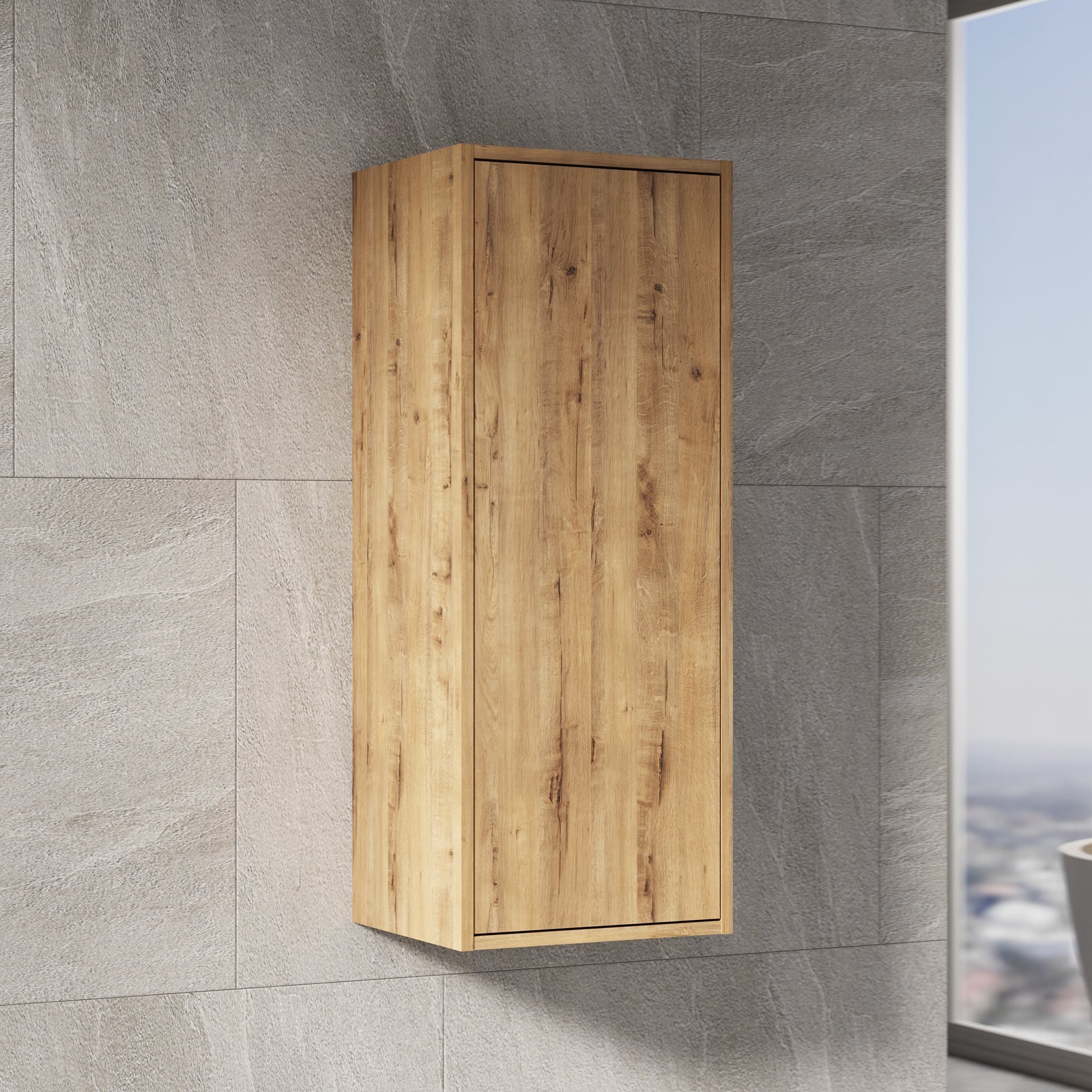 Side view of Venti 900mm wall hung wall cabinet showcasing its slim profile
