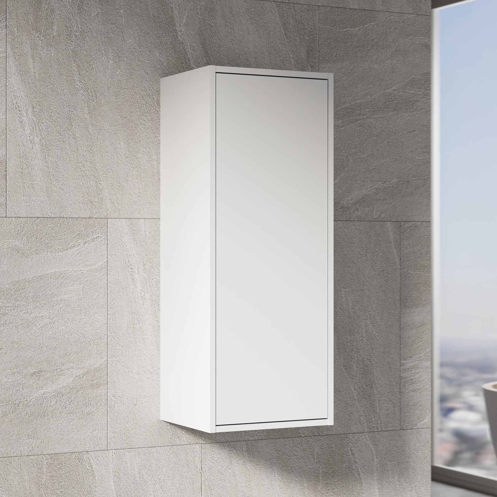 Side view of Venti 600mm wall hung wall cabinet showcasing its slim profile