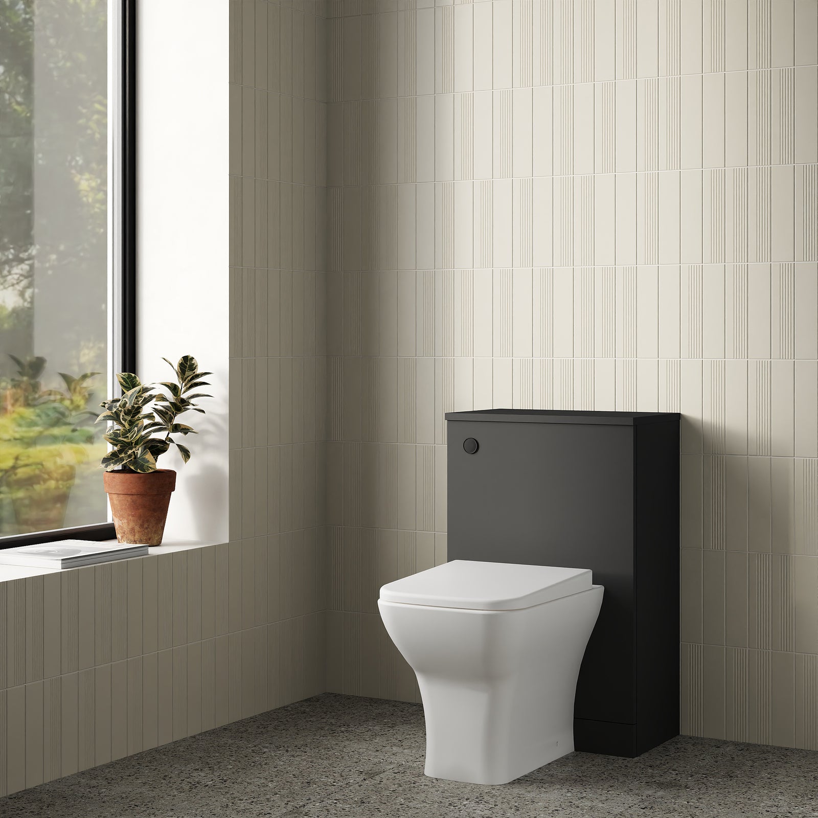 Close-up: Venti WC toilet cabinet matt black showing textured wood grain finish