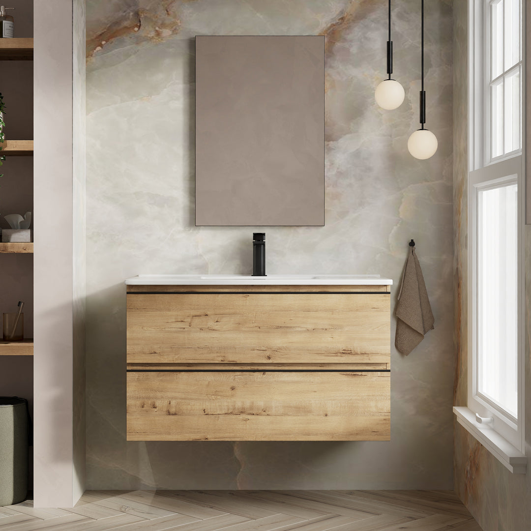 Vatilla 1000mm Wall Hung Vanity Unit with Matt Black Handles - Ostippo Oak