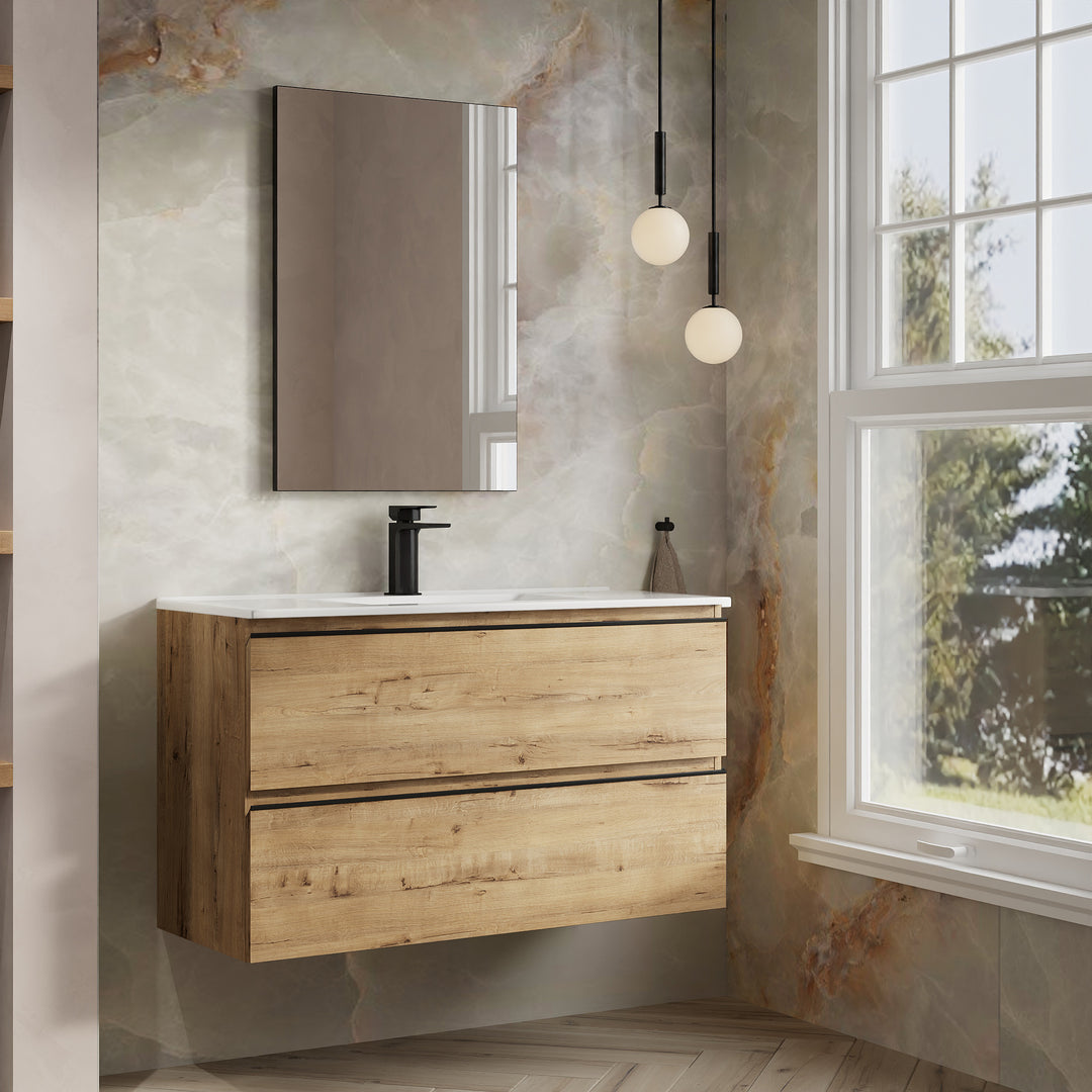 Vatilla 1000mm Wall Hung Vanity Unit with Matt Black Handles - Ostippo Oak