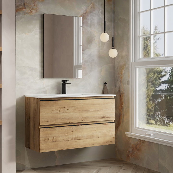 Vatilla 1000mm Wall Hung Vanity Unit with Matt Black Handles - Ostippo Oak