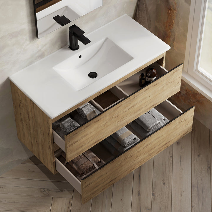 Vatilla 1000mm Wall Hung Vanity Unit with Matt Black Handles - Ostippo Oak