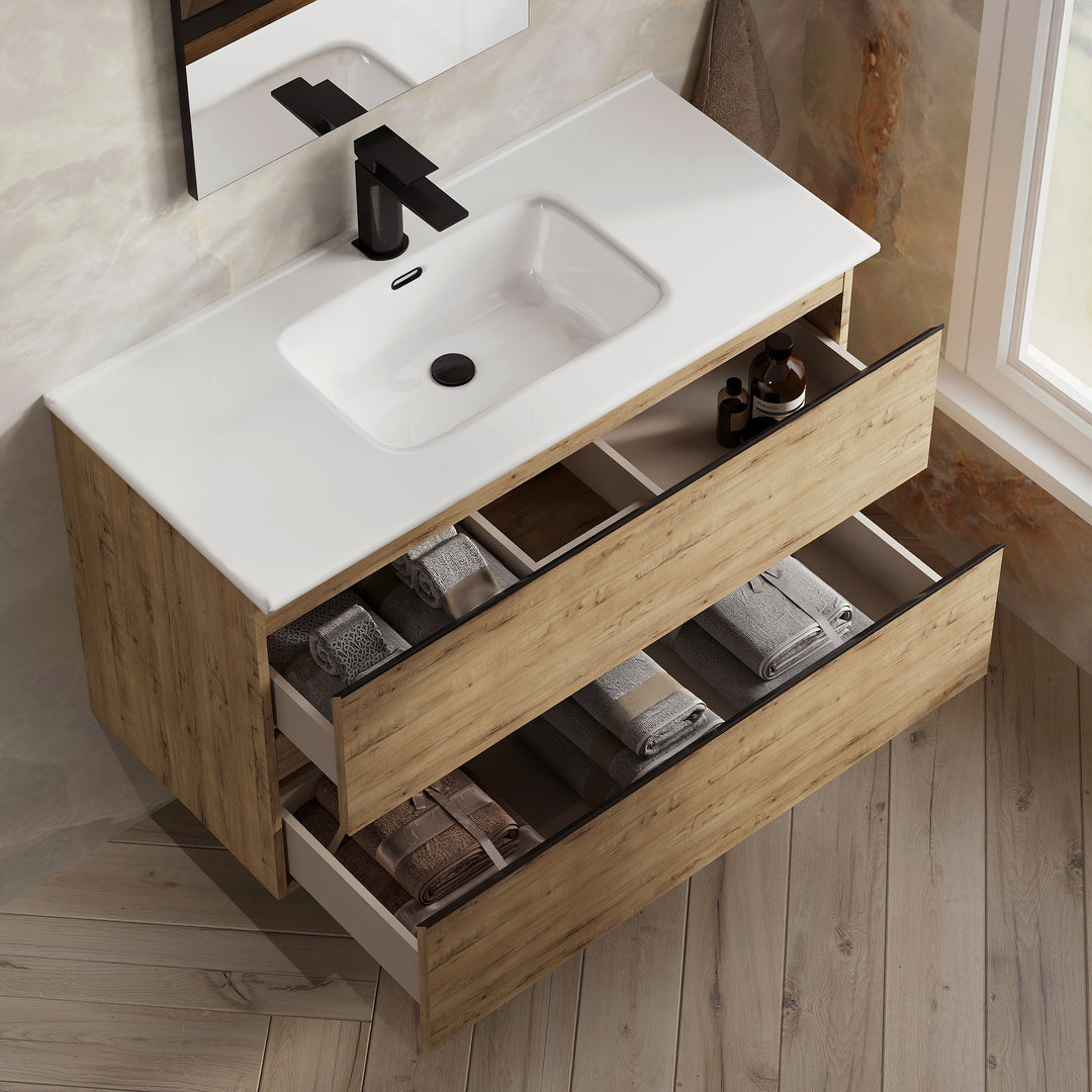 Vatilla 1000mm Wall Hung Vanity Unit with Matt Black Handles - Ostippo Oak