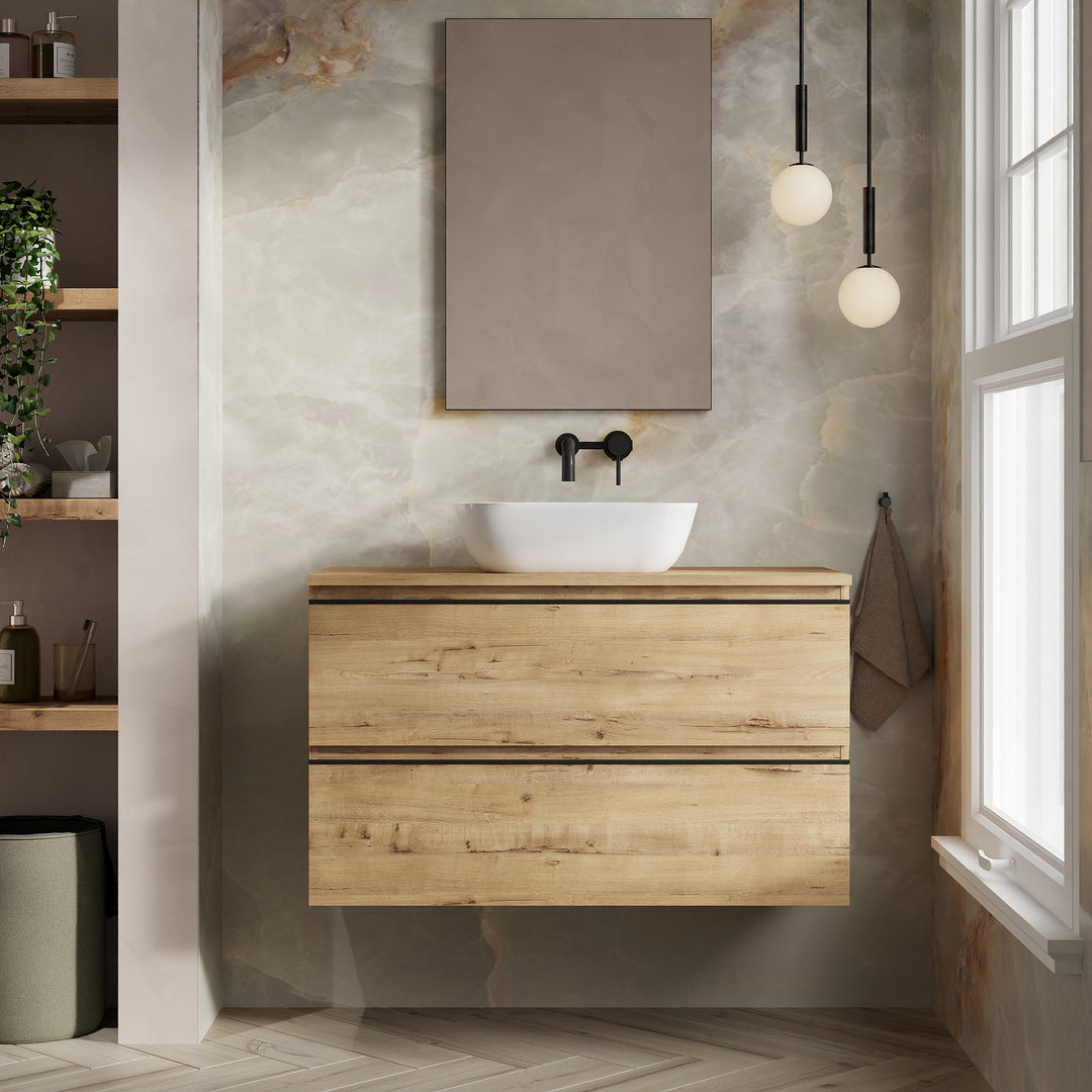 Vatilla 1000mm Wall Hung Vanity Unit with Matt Black Handles - Ostippo Oak