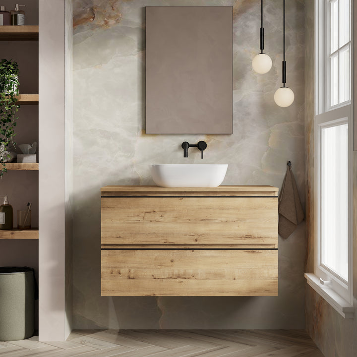 Vatilla 1000mm Wall Hung Vanity Unit with Matt Black Handles - Ostippo Oak