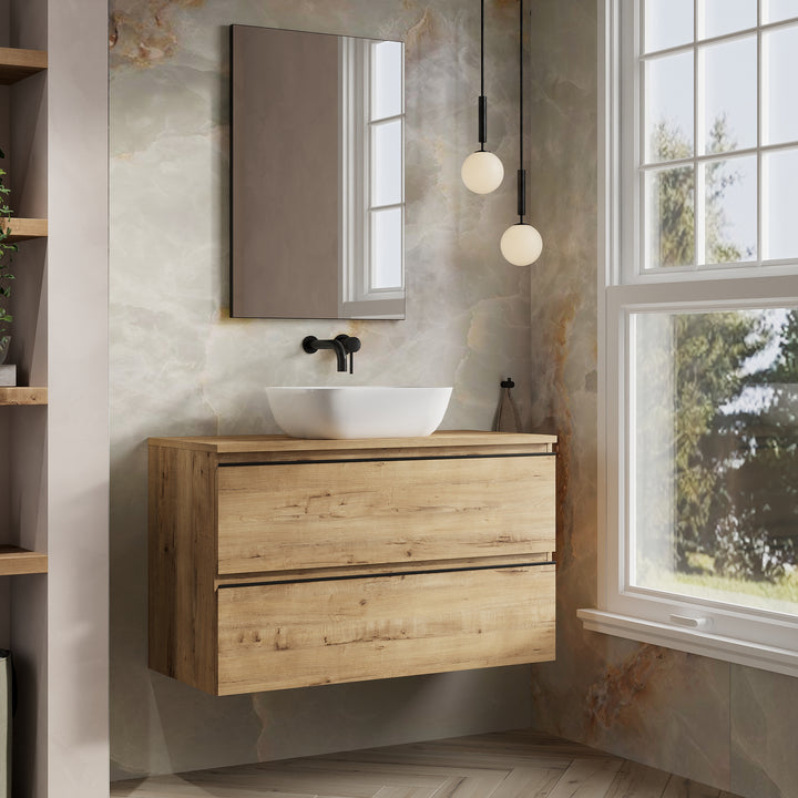 Vatilla 1000mm Wall Hung Vanity Unit with Matt Black Handles - Ostippo Oak