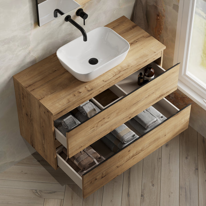 Vatilla 1000mm Wall Hung Vanity Unit with Matt Black Handles - Ostippo Oak