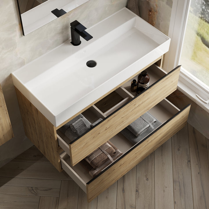 Vatilla 1000mm Wall Hung Vanity Unit with Matt Black Handles - Ostippo Oak