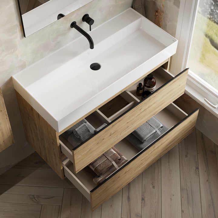 Vatilla 1000mm Wall Hung Vanity Unit with Matt Black Handles - Ostippo Oak