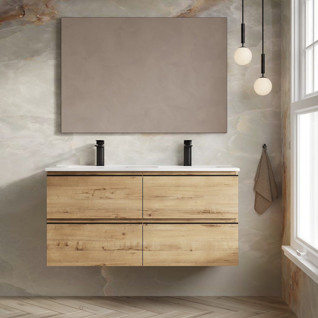 Vatilla 1200mm Wall Hung Vanity Unit with Matt Black Handles - Ostippo Oak