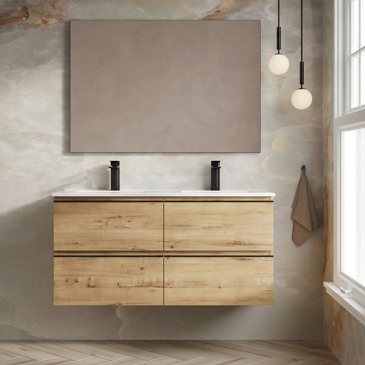 Vatilla 1200mm Wall Hung Vanity Unit with Matt Black Handles - Ostippo Oak