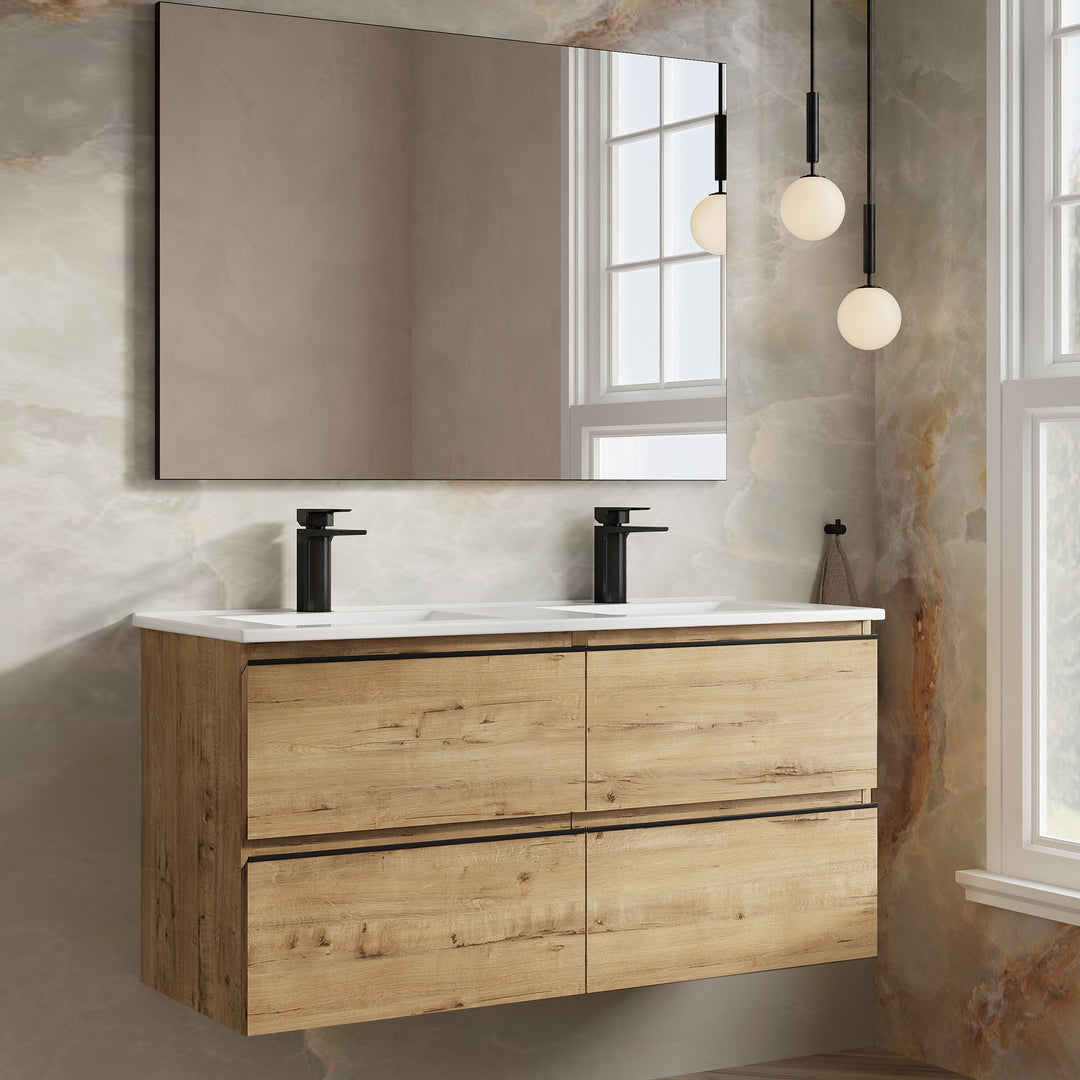 Vatilla 1200mm Wall Hung Vanity Unit with Matt Black Handles - Ostippo Oak