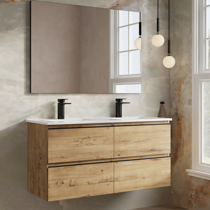 Vatilla 1200mm Wall Hung Vanity Unit with Matt Black Handles - Ostippo Oak