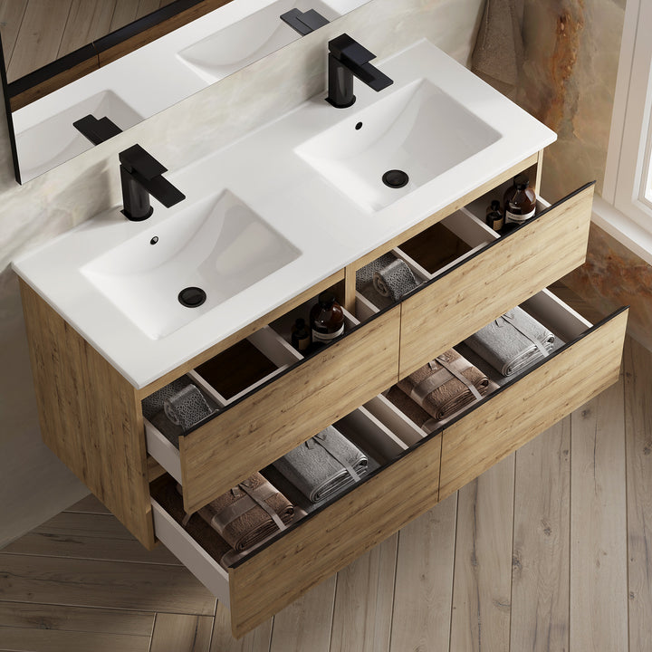 Vatilla 1200mm Wall Hung Vanity Unit with Matt Black Handles - Ostippo Oak