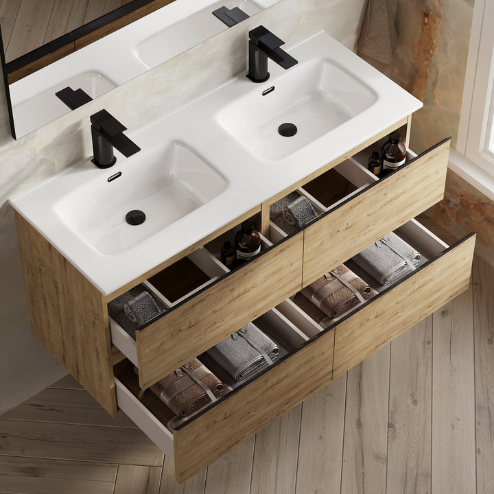 Vatilla 1200mm Wall Hung Vanity Unit with Matt Black Handles - Ostippo Oak