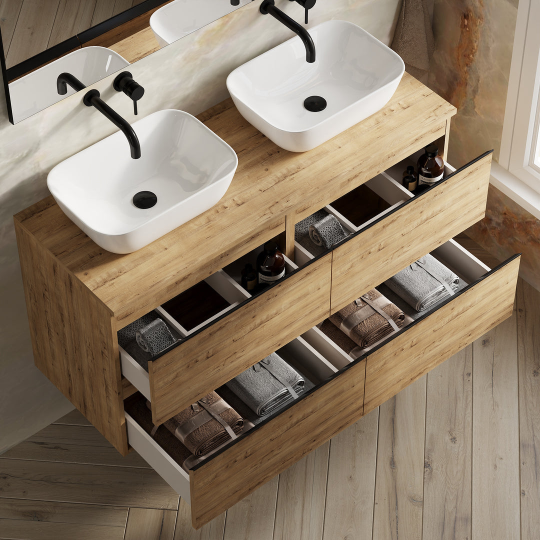 Vatilla 1200mm Wall Hung Vanity Unit with Matt Black Handles - Ostippo Oak