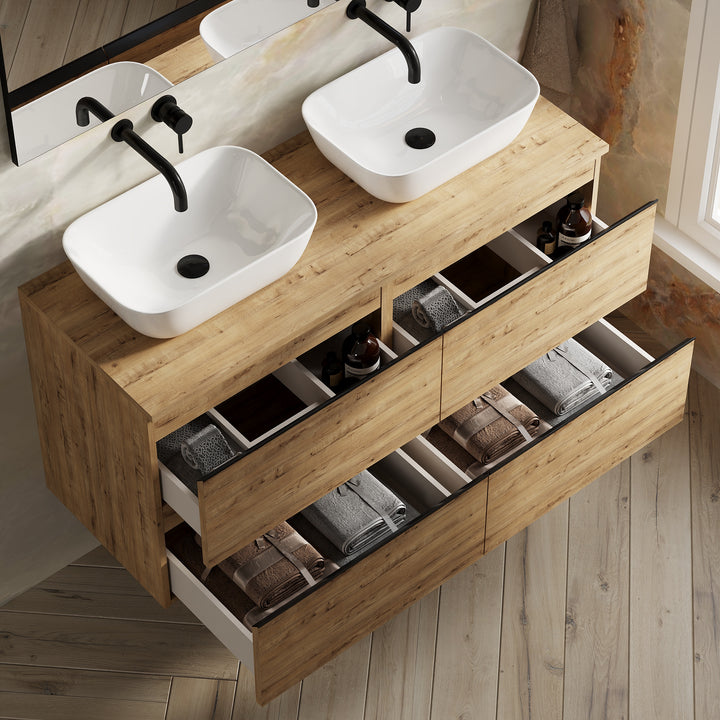 Vatilla 1200mm Wall Hung Vanity Unit with Matt Black Handles - Ostippo Oak