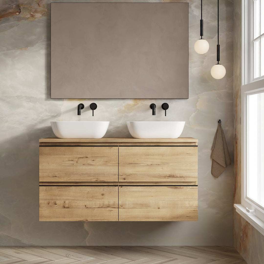 Vatilla 1200mm Wall Hung Vanity Unit with Matt Black Handles - Ostippo Oak