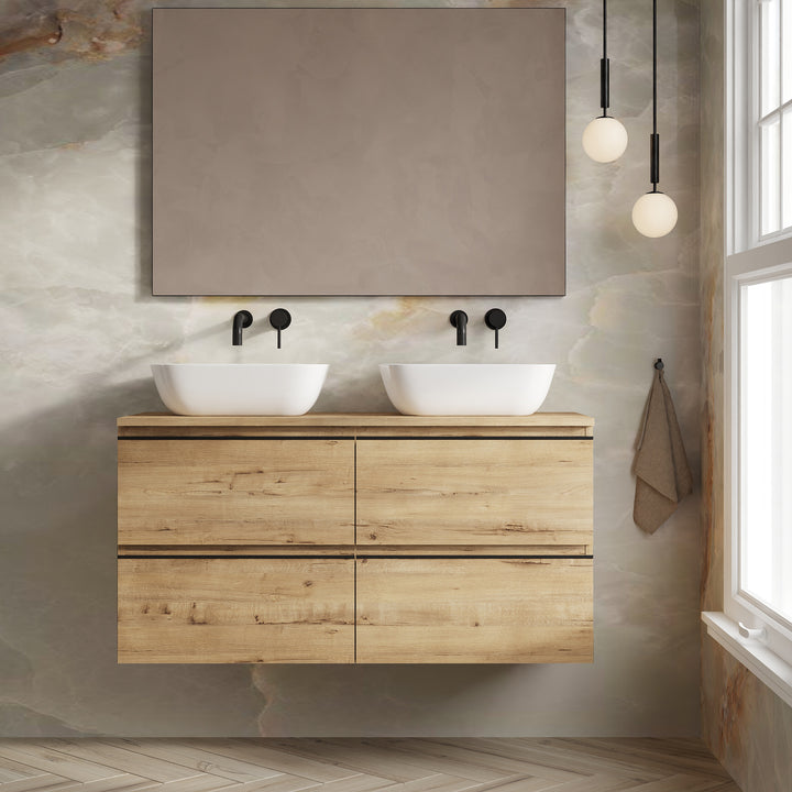 Vatilla 1200mm Wall Hung Vanity Unit with Matt Black Handles - Ostippo Oak