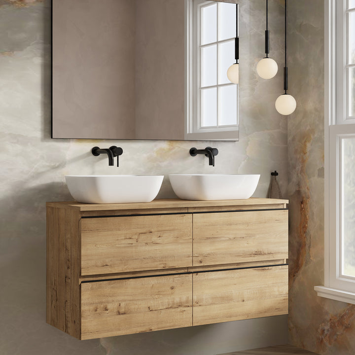 Vatilla 1200mm Wall Hung Vanity Unit with Matt Black Handles - Ostippo Oak